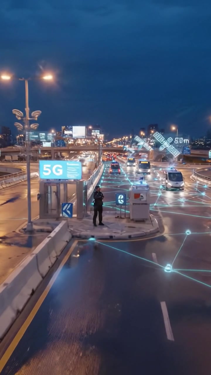 Traffico Urbano Moderno: Uno Sguardo al Futuro del Trasporto Intelligente di Notte, con Veicoli Connessi e Infrastrutture Avanzate in un Vivace Paesaggio Urbano