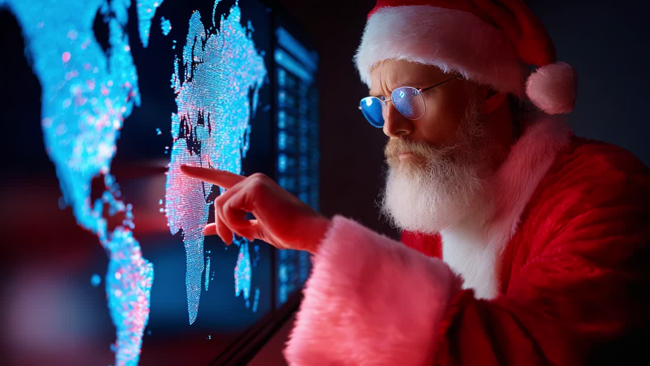 A festive figure in a Santa suit examines a digital world map, using a finger to interact with glowing elements, blending technology with holiday cheer, all while illuminated by vibrant blue lights
