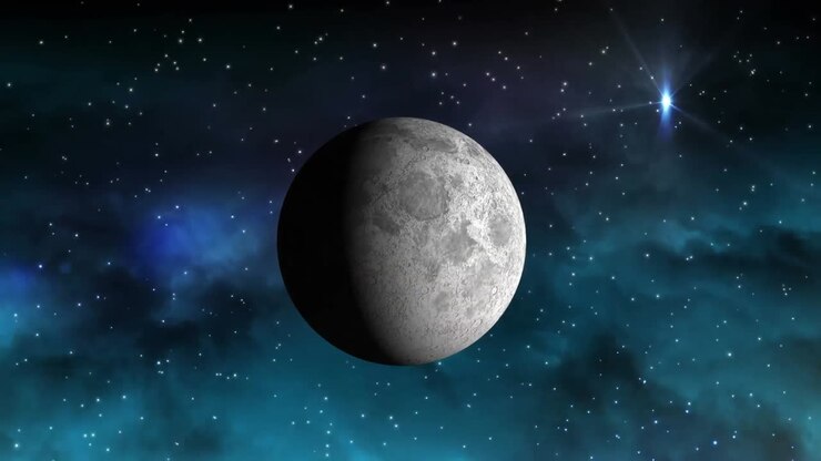 Animação de neve caindo sobre a lua vista através da janela