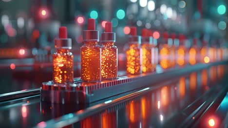 automated production of glowing vials on a conveyor belt