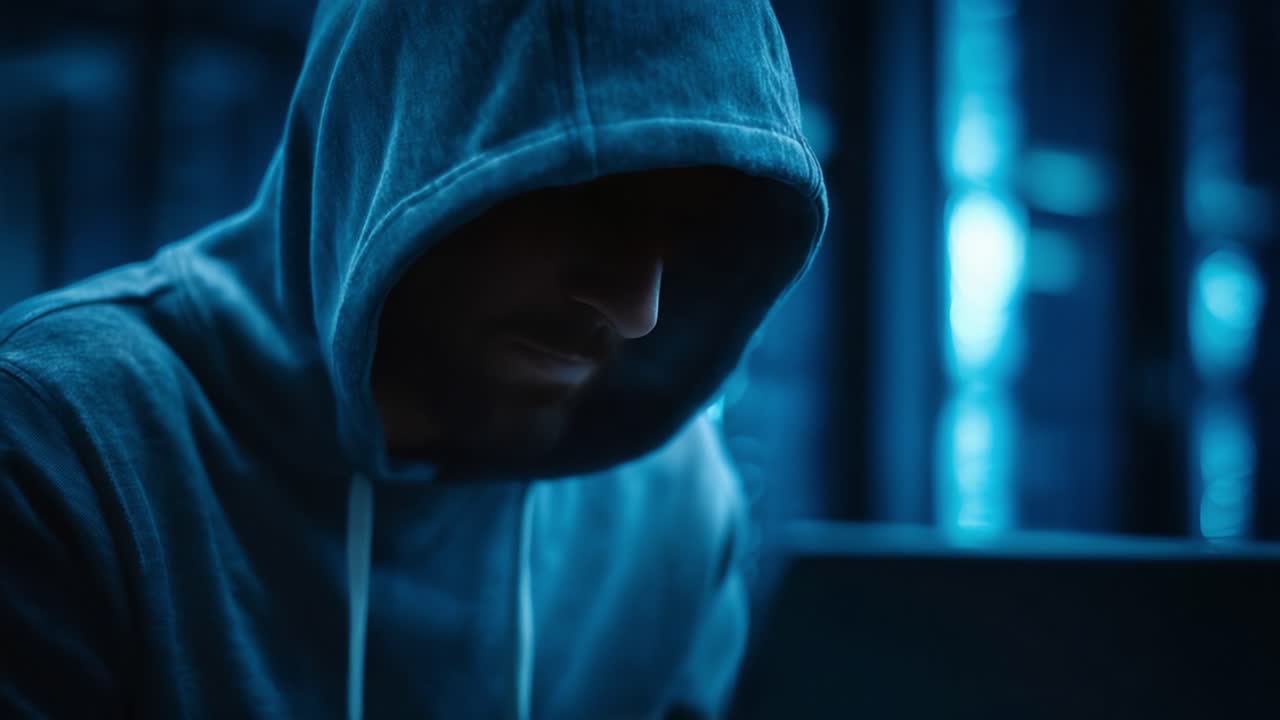 Una figura misteriosa incappucciata, impegnata in un'attività concentrata all'interno di un ambiente tecnologico scarsamente illuminato, suggerendo temi di segretezza e intrigo.