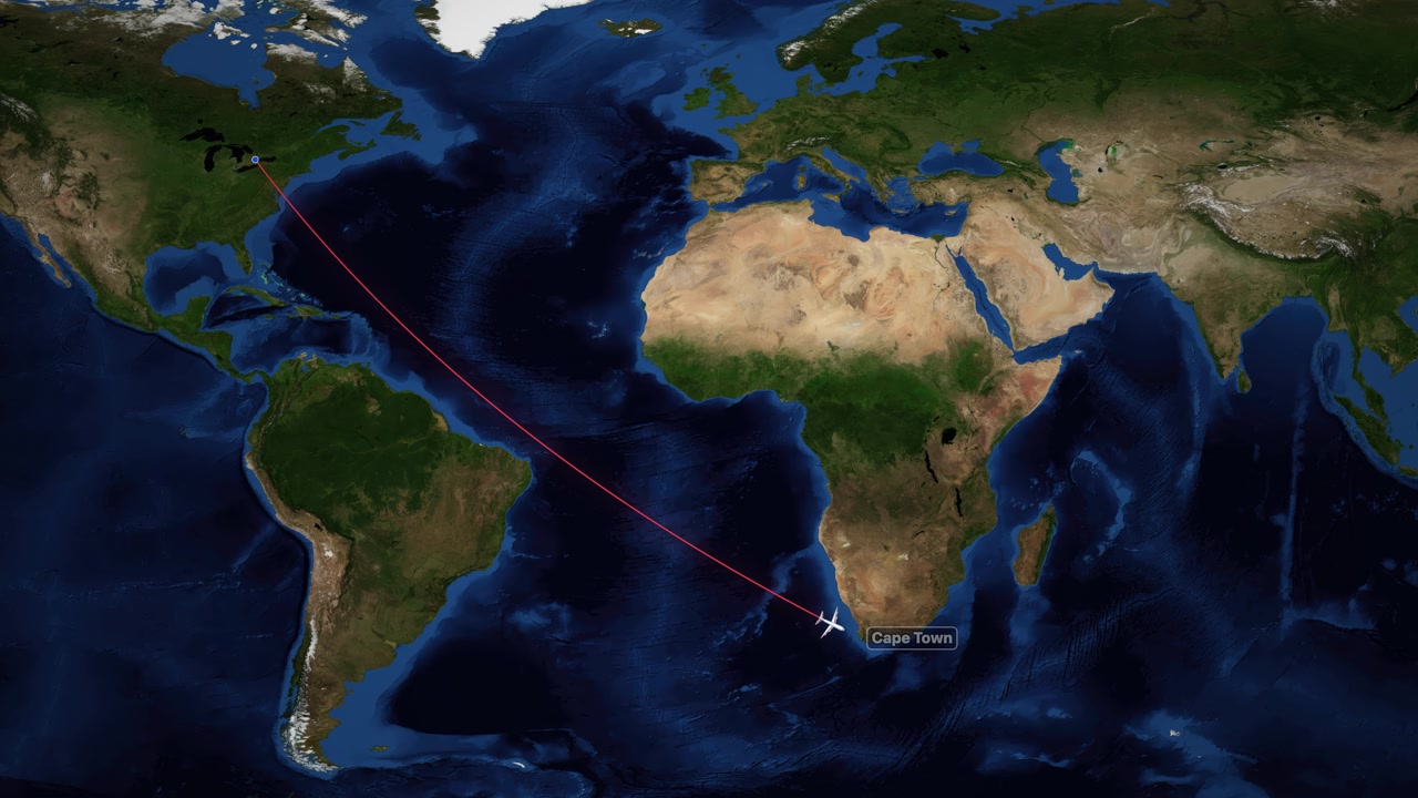Satellite world map animation showing a plane flying from Toronto to Cape Town.