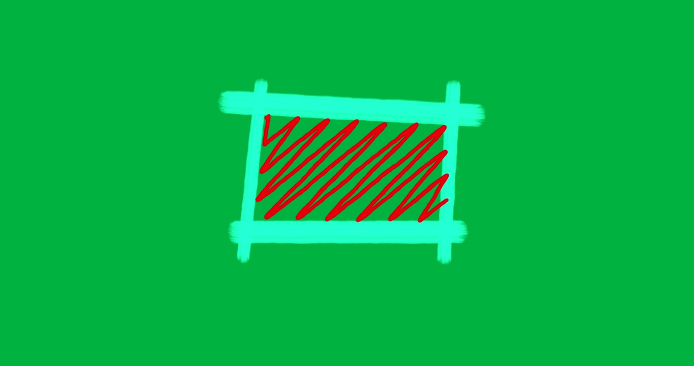 Graphic designers placing transparent overlay showing cyan rectangular frame with red hatch pattern