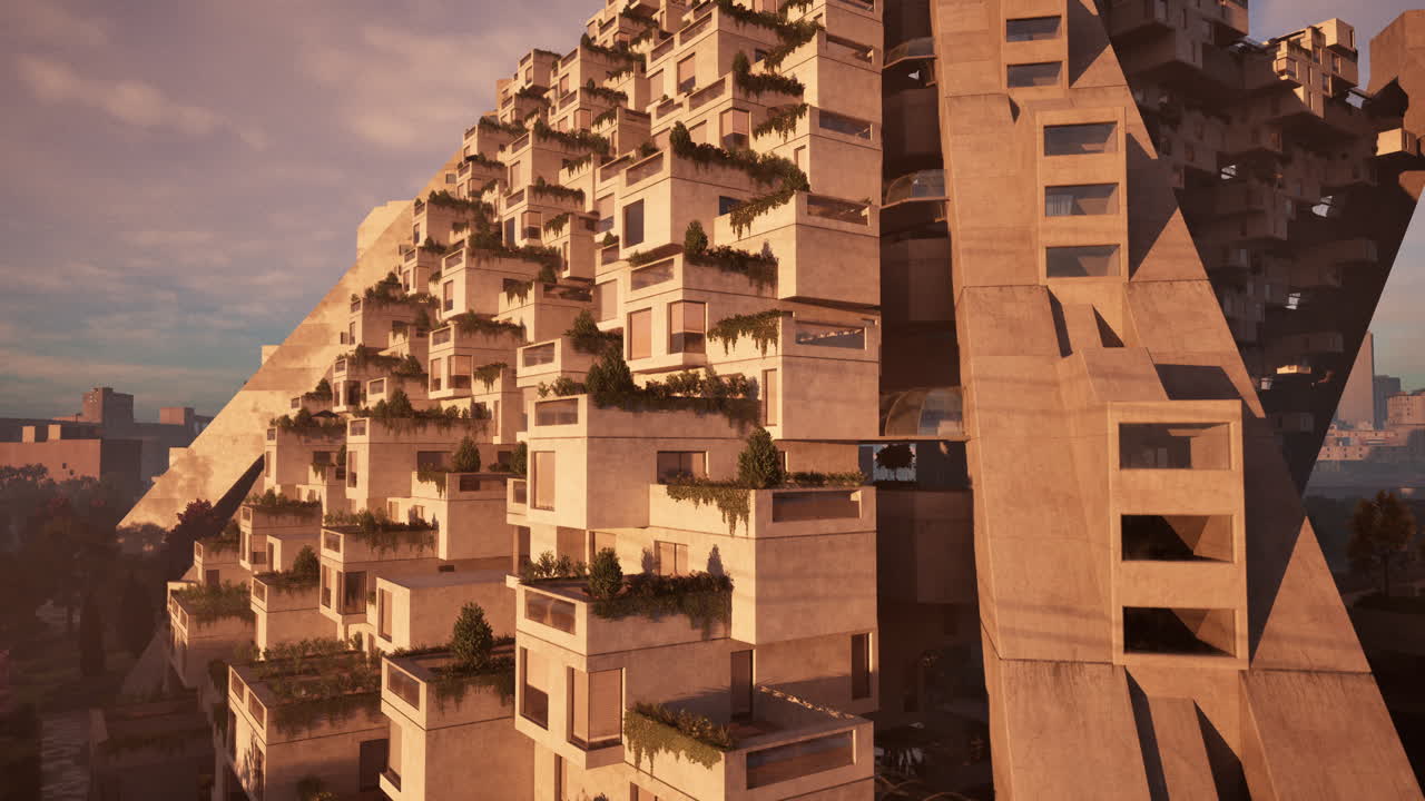 미래주의 건축: 초록색 지붕을 가진 고층 건물