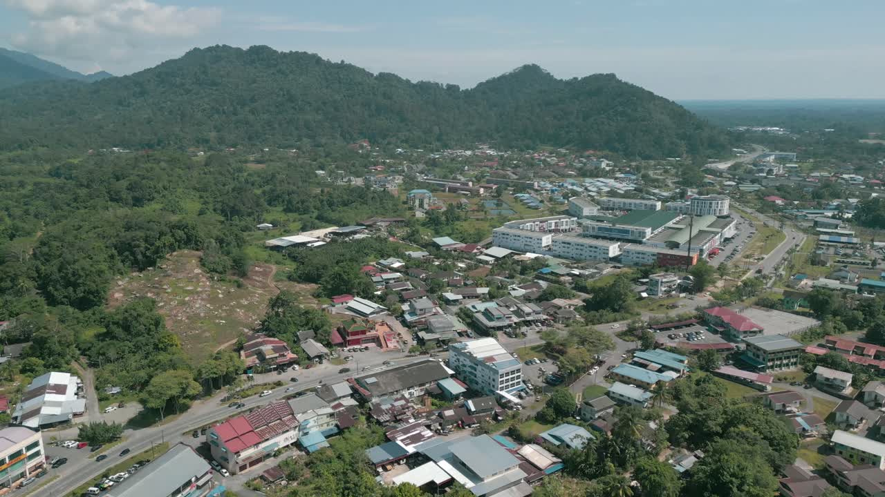 Aerial Drone View, Serian District Town ,Summer With Beautiful Green Trees,New Building And Water Park Lake, Water From The Mountain Sarawak,Borneo.