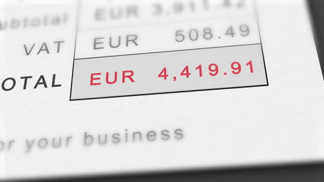 close up animation of growing invoice total in euros - stylized as eur