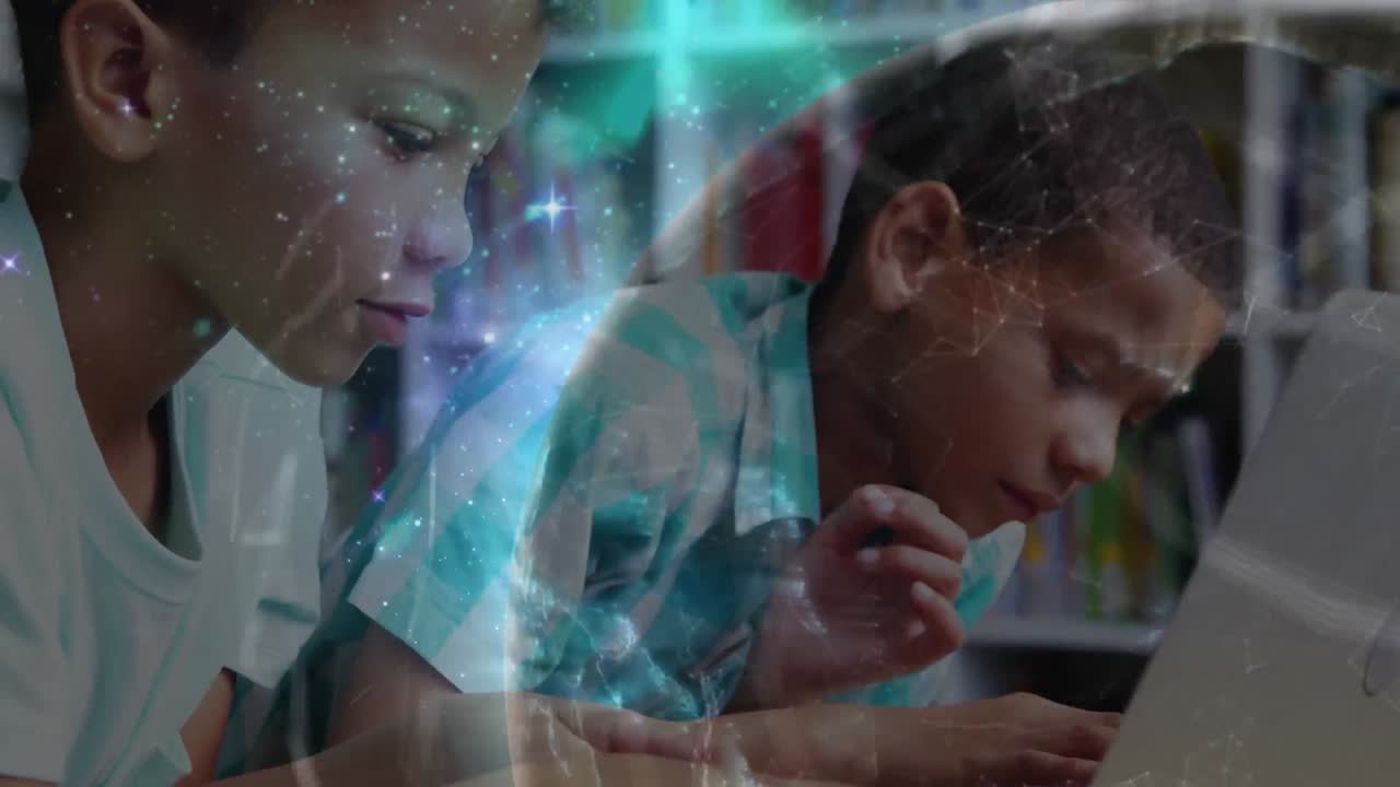 행복한 다양한 학교 학생들에 대한 연결 네트워크와 지구의 애니메이션