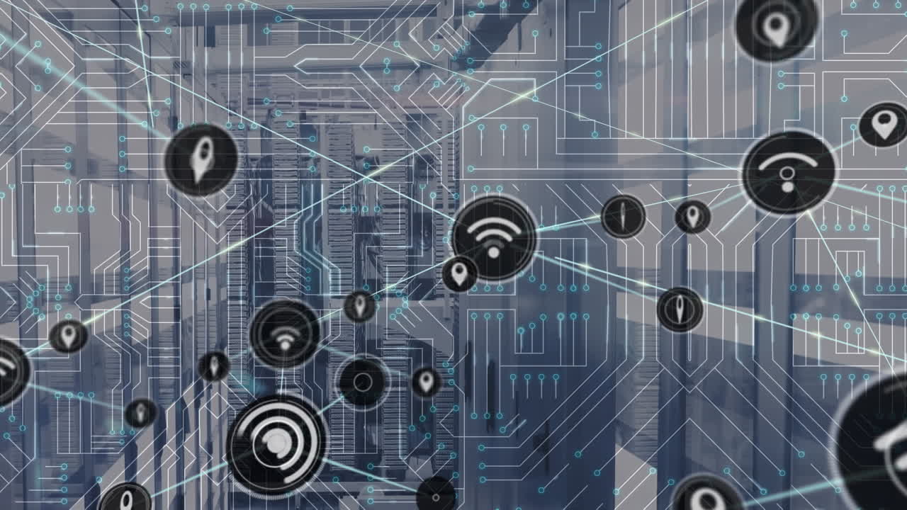 Animation of network of connections and computer circuit board over server room