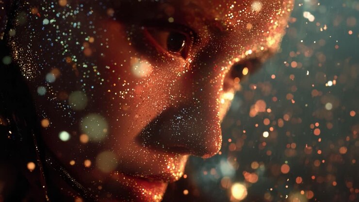 Close up of a woman's face covered in shimmering glitter as golden particles and dust float through the air, creating a magical, dreamy, and festive atmosphere with cinematic lighting