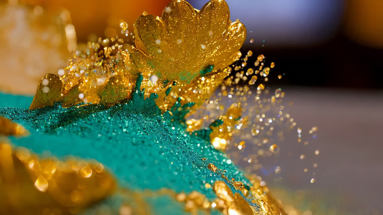 Golden Teal Abstract Art with Water Splash