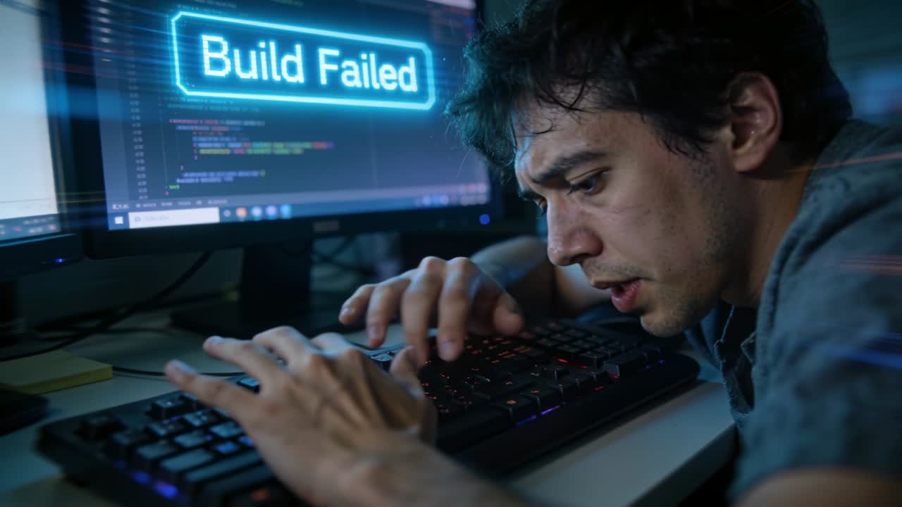 Dev reacting Build Failed alert, typing fast on keys, animated code hints guiding tech fixes