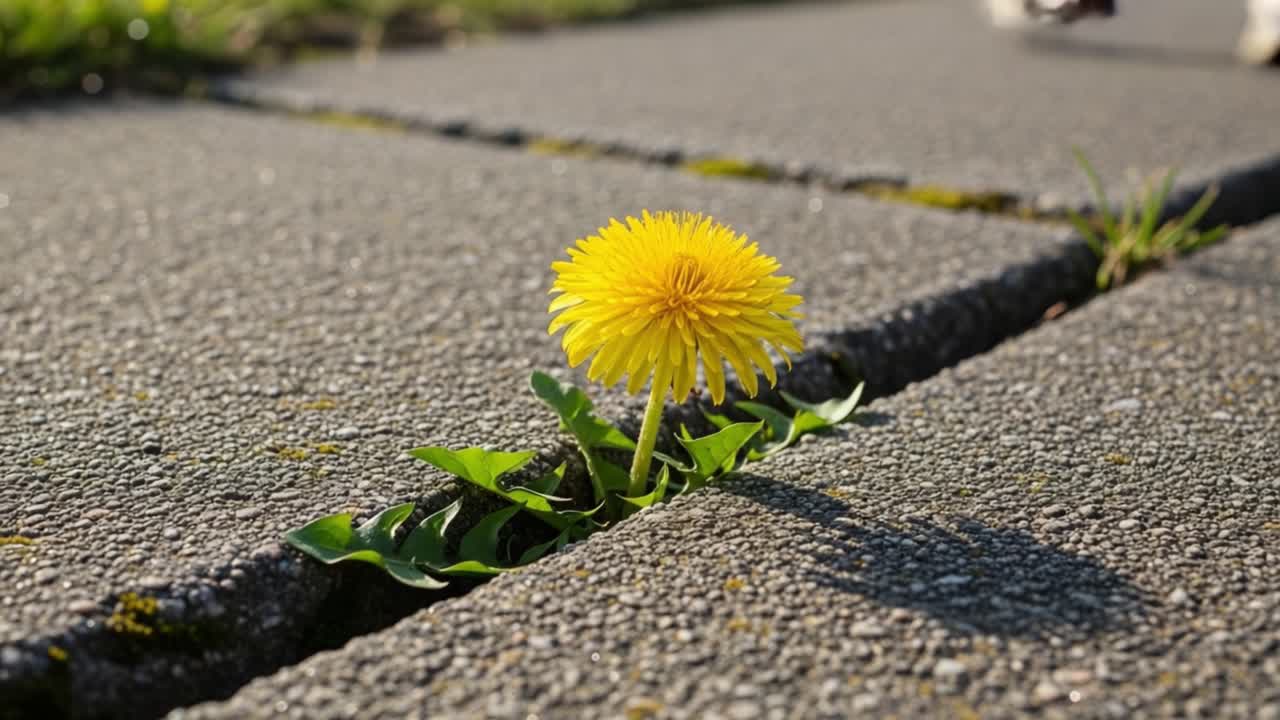 A Resilient Dandelion Thriving Through Concrete: Nature's Beauty Breaking Through Urban Barriers Captured in Two Frames