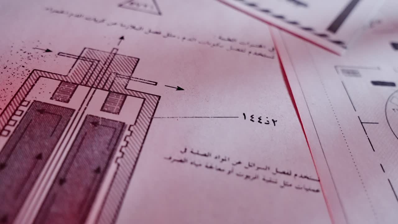 Various classified looking documents and files with military style text photos and censored information spread out on desk. Passing over top secret dark plans and blueprints in Arabic language