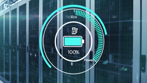 Animation-of-battery-charge-digital-data-processing-over-computer-servers