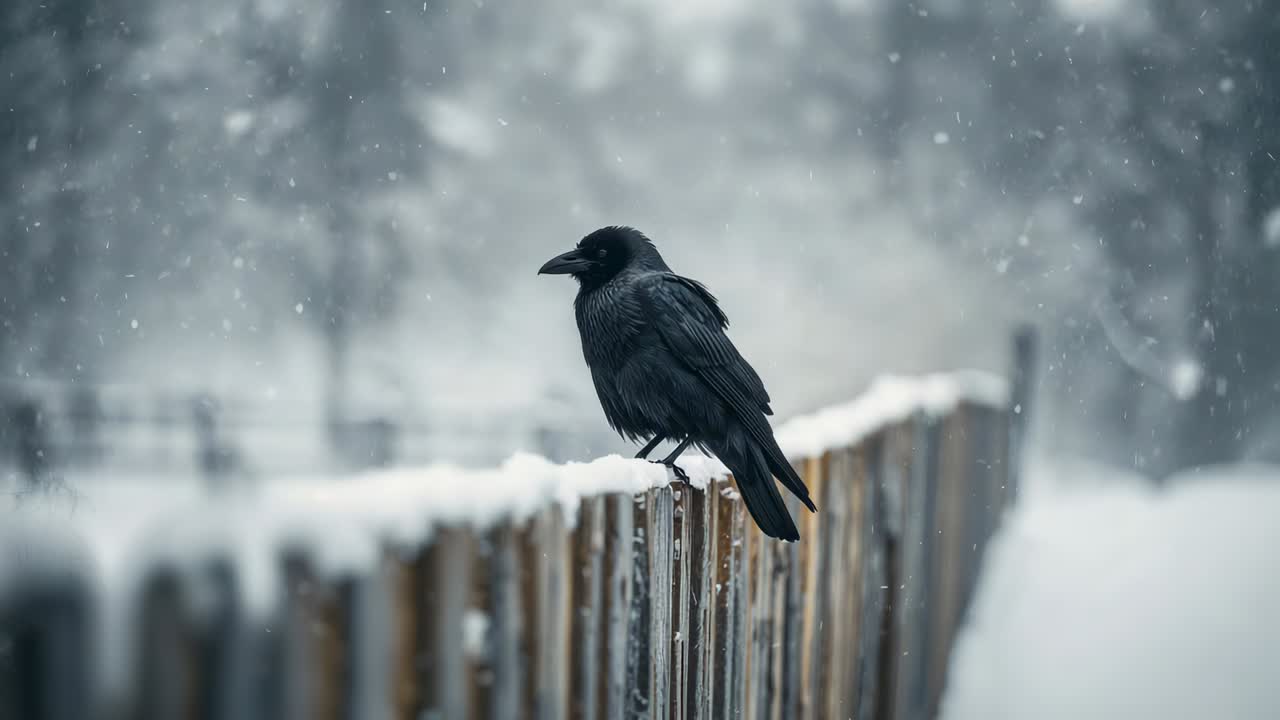 Crow shifting stance and turning head on snowy fence in winter forest as snowfall starting, hunting