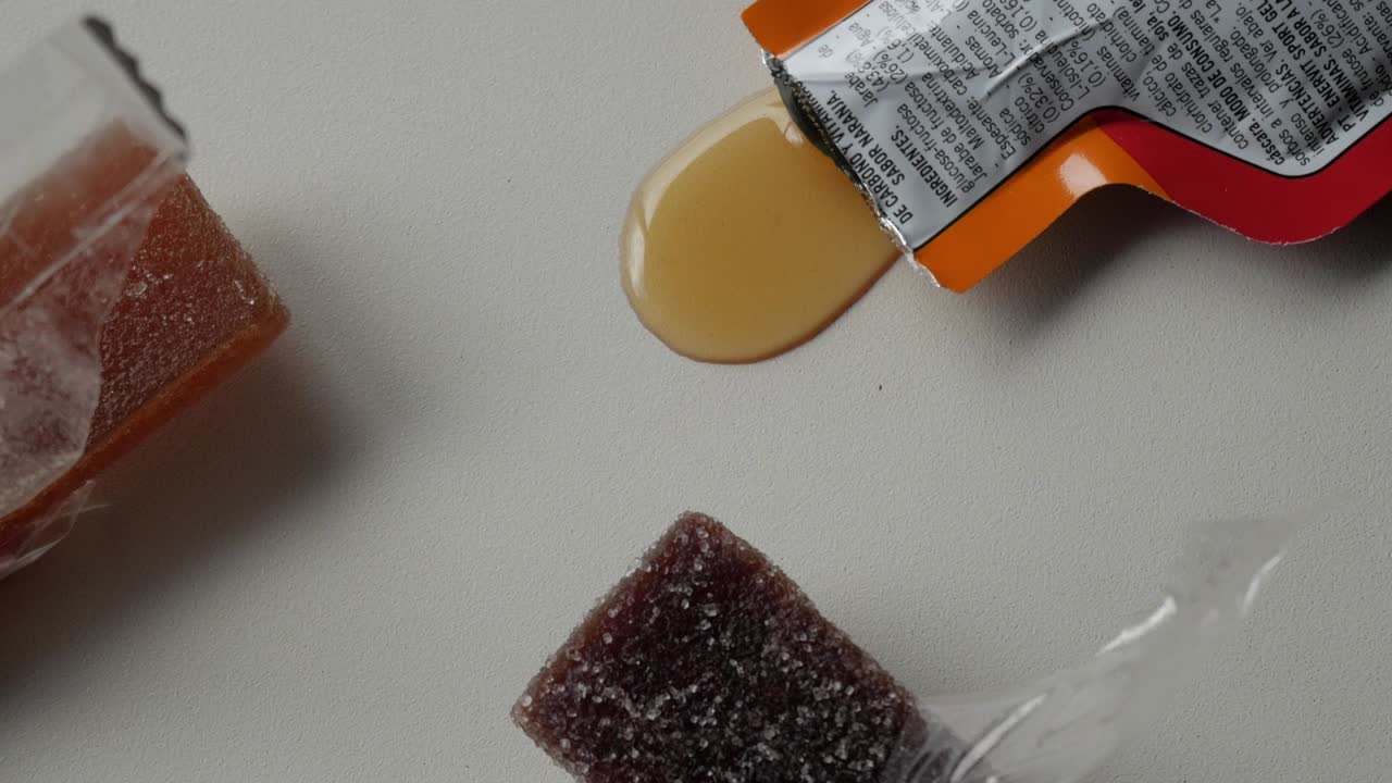 Close-up of sports supplement gel oozing out of a packet onto a flat surface