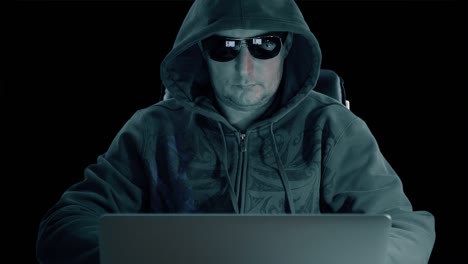 hombre caucásico adulto con sudadera con capucha y gafas se sienta con la computadora y navega por internet tarde en la noche en fondo de hormigón.