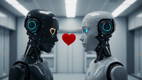 a heartfelt encounter between two robots: exploring connection and emotion in a high-tech environment, showcasing the bonds of artificial intelligence
