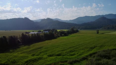 ワシントンのカスケード山脈の端にある農地の近くを飛ぶドローン