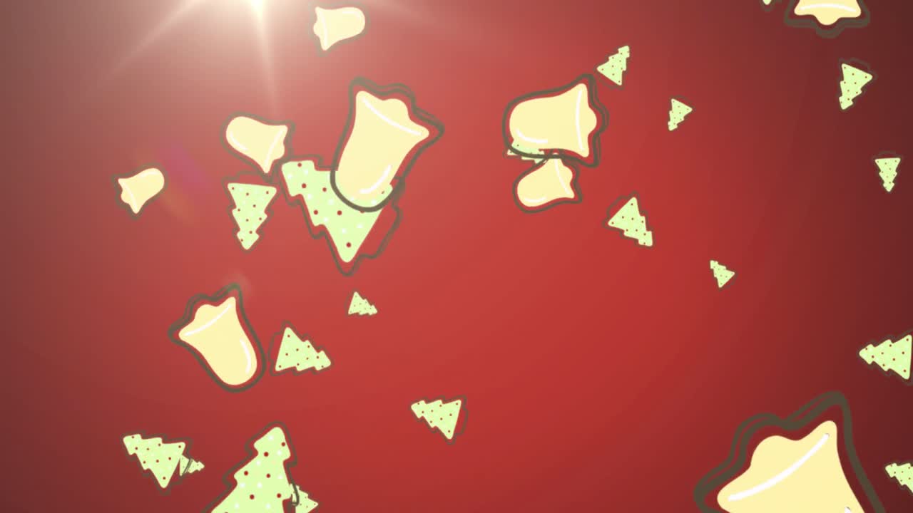 animación de decoraciones de campanas de navidad que caen con luz brillante sobre un fondo rojo