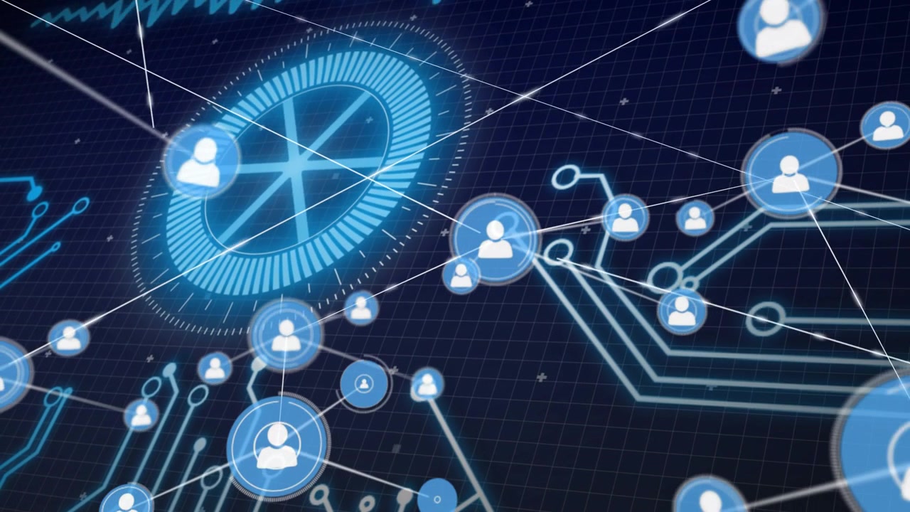 Connector showing from central node avatar nodes branching and crossing HUD, mapping network growth