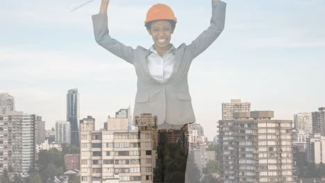 animación del paisaje urbano sobre una mujer de negocios afroamericana celebrando