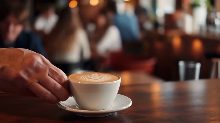 Close-up of a Latte Art Coffee in a Cafe Setting