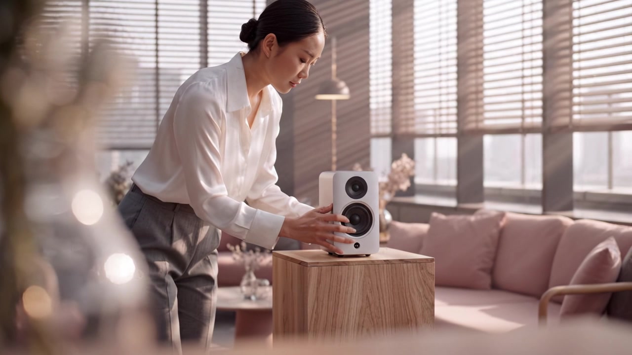 A woman carefully sets up a white speaker on a stylish wooden stand in a gracefully lit modern living room, highlighting the blend of technology and interior design.