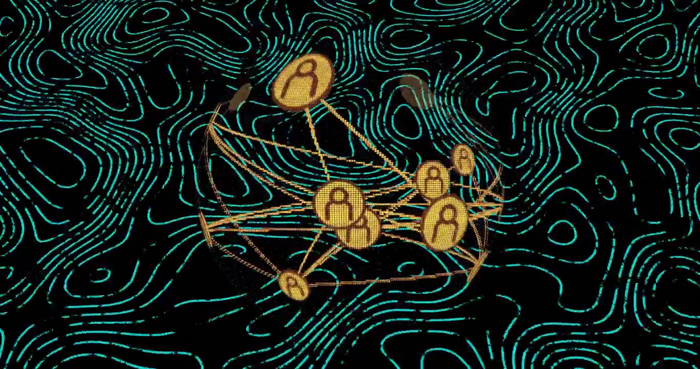 3D render showing golden user-icon nodes linked in sphere by thin lines amid turquoise contours