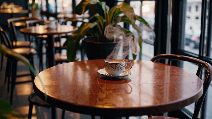 Warm cafe ambiance with a steaming cup on a wooden table. Captured at eye level, perfect for a cozy