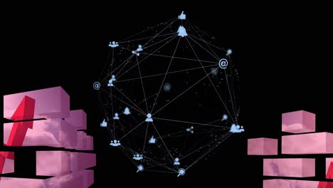 Animation-of-network-of-media-icons-with-pink-blocks-and-upward-arrow-on-black