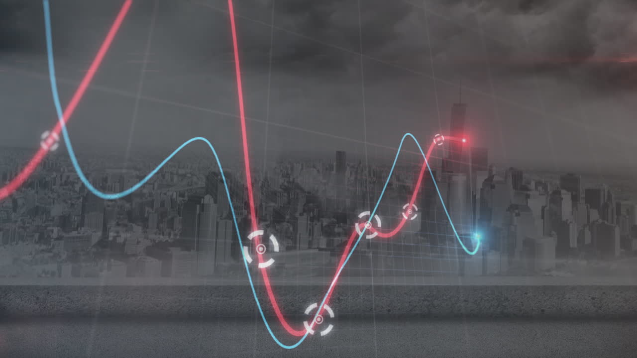 Animation of glowing graphs moving against aerial view of cityscape