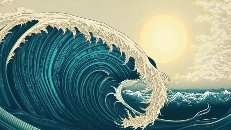 Onda oceanica animata che si infrange in stile xilografia giapponese