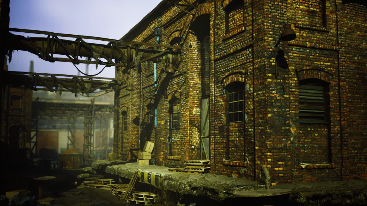 Abandoned brick building with overgrown features