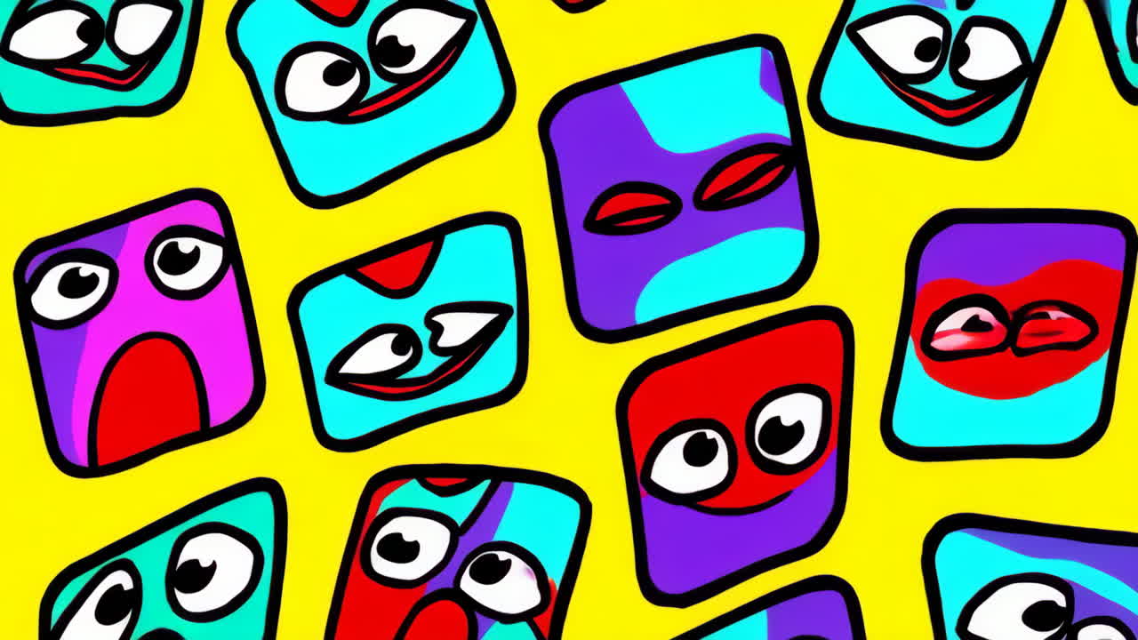 Vibrant Abstract Pattern of Cartoon Faces on Yellow Background