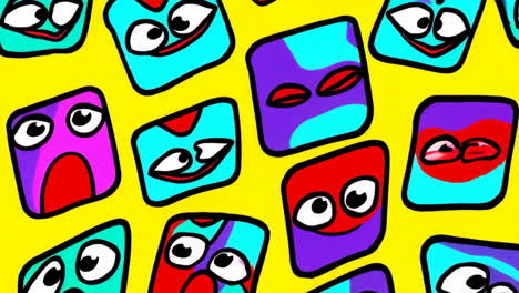 vibrant abstract pattern of cartoon faces on yellow background
