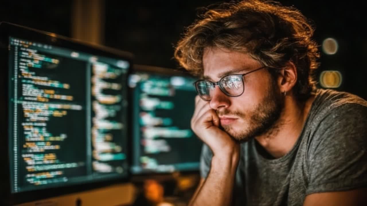 A Focused Programmer Deep in Thought Amidst Lines of Code on Multiple Screens, Reflecting the Challenges and Depths of Software Development at Night