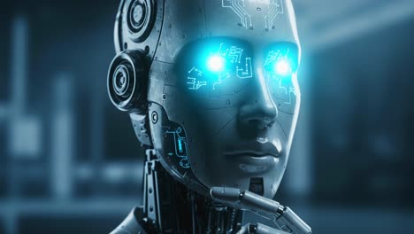 a close-up perspective of a futuristic robot with glowing blue eyes, showcasing advanced technology and human-like features for science-fiction inspiration