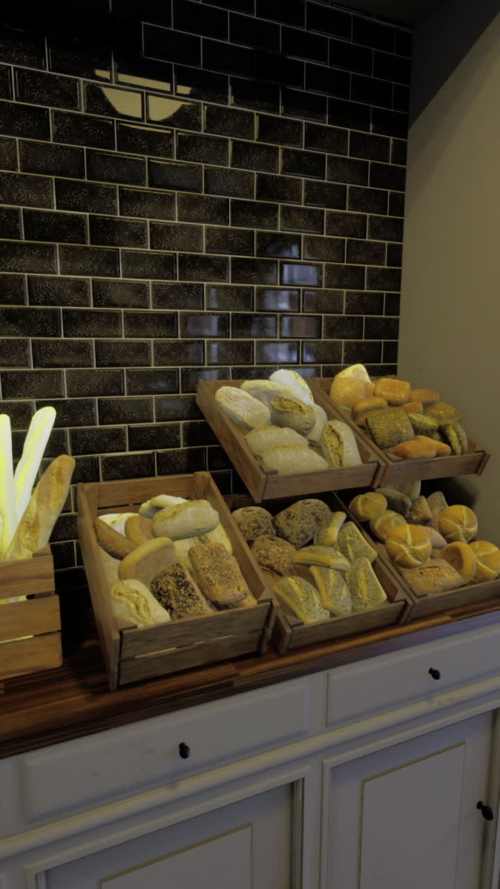 Cozy bakery display of fresh breads and pastries