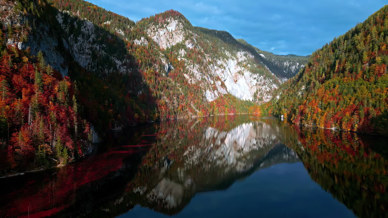 ⁇ 색과 초록색의 숲이 있는 산은 토플리츠 호수 물에 반사됩니다.