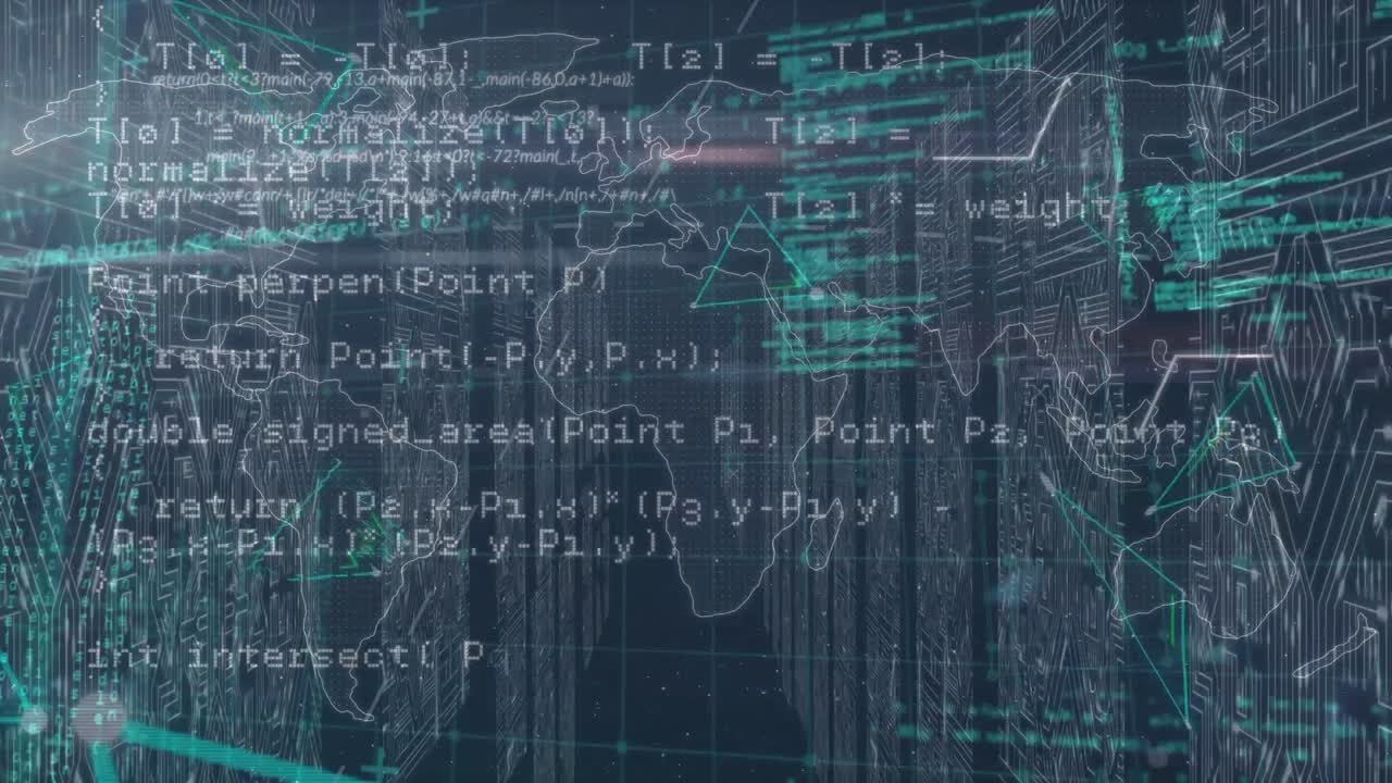 Animation of world map and data processing over server room