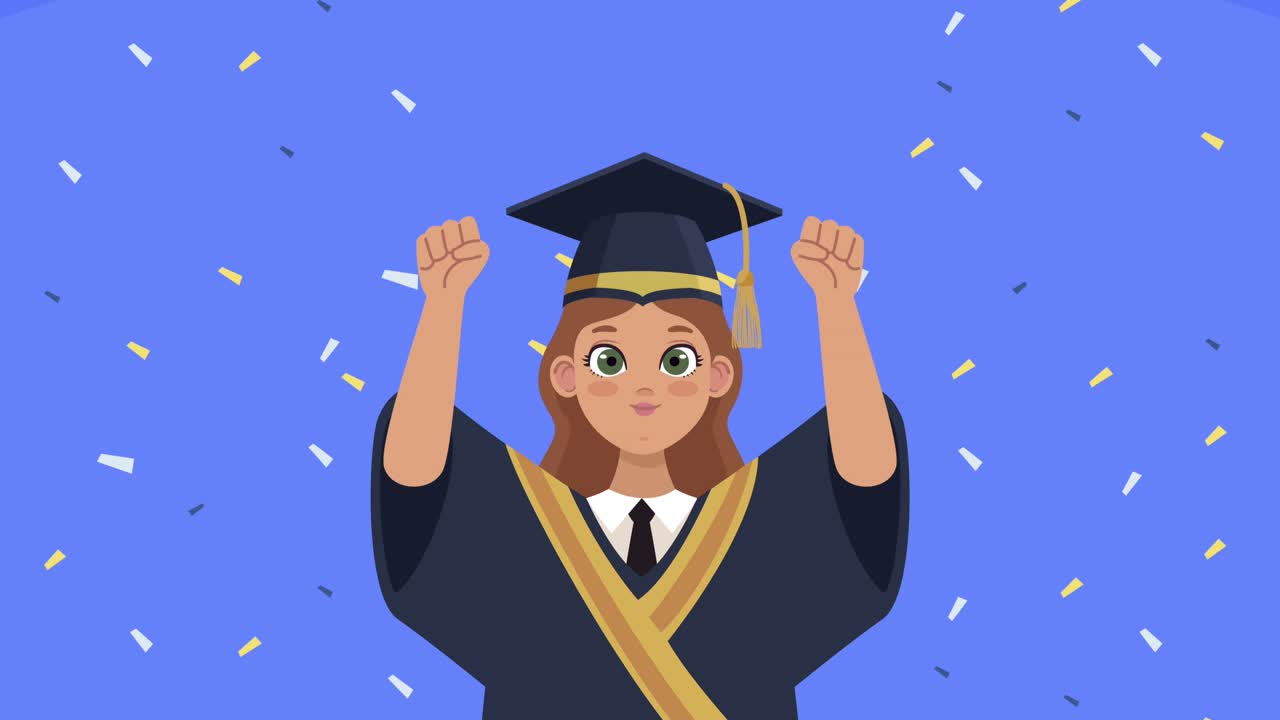 mujer graduada celebrando animación de personajes