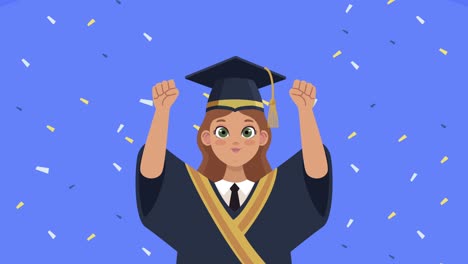 mujer graduada celebrando animación de personajes