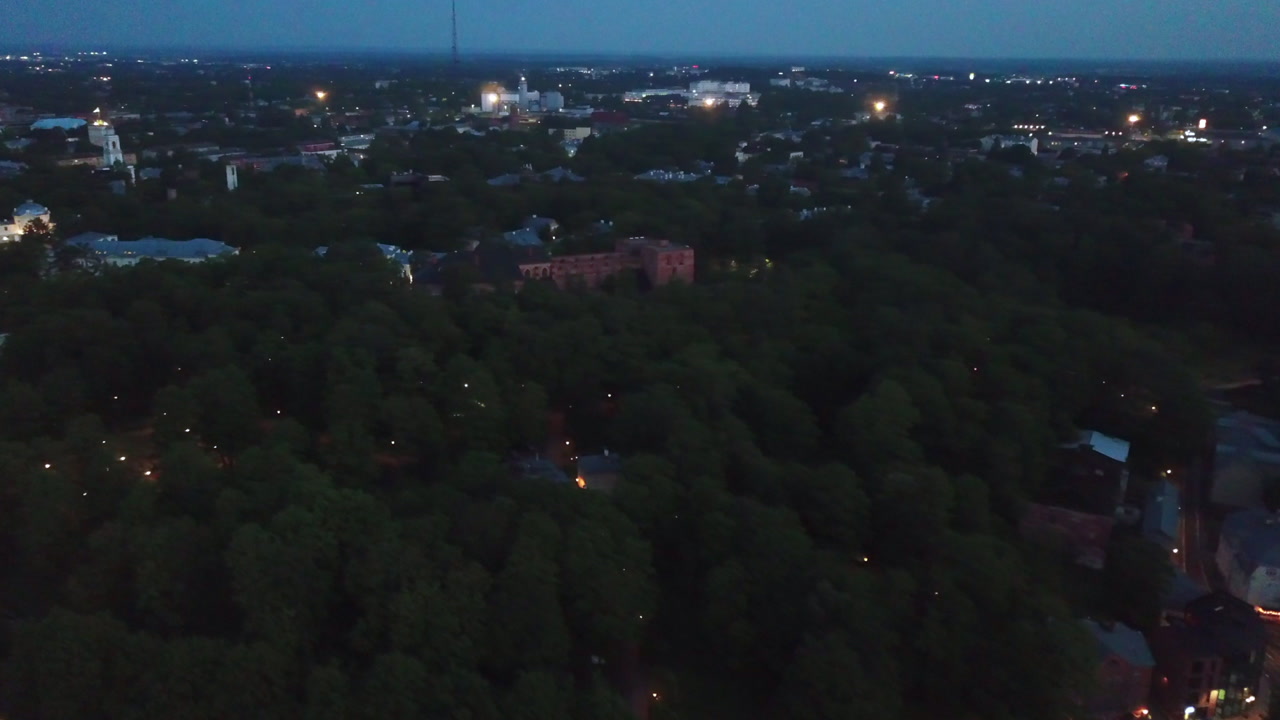 Majestic twilight aerial shot of the red brick ruins of Tartu Cathedral (Toomkirik) in Toomemagi.
