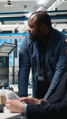 vertical video multiethnic team of energy consultants review insight in solar panel plant