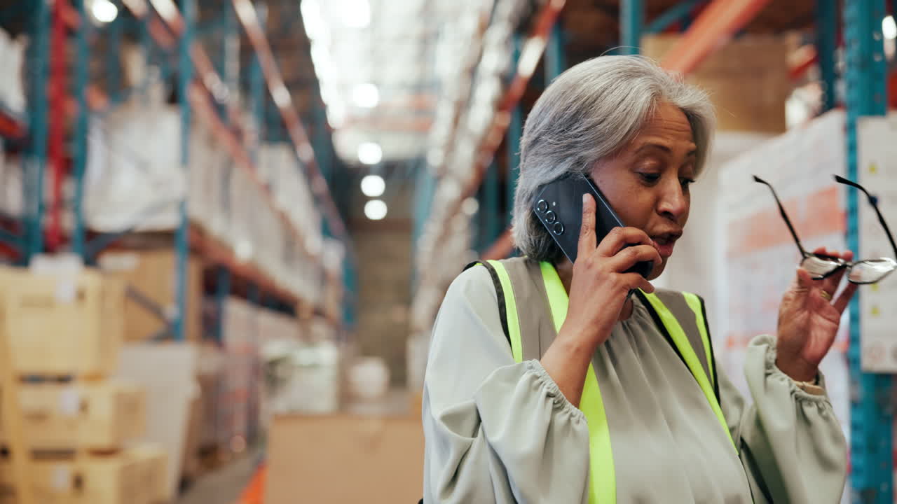 Mature Woman Talking on Phone in Busy Warehouse