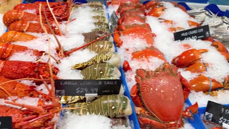 variety of seafood on ice at market