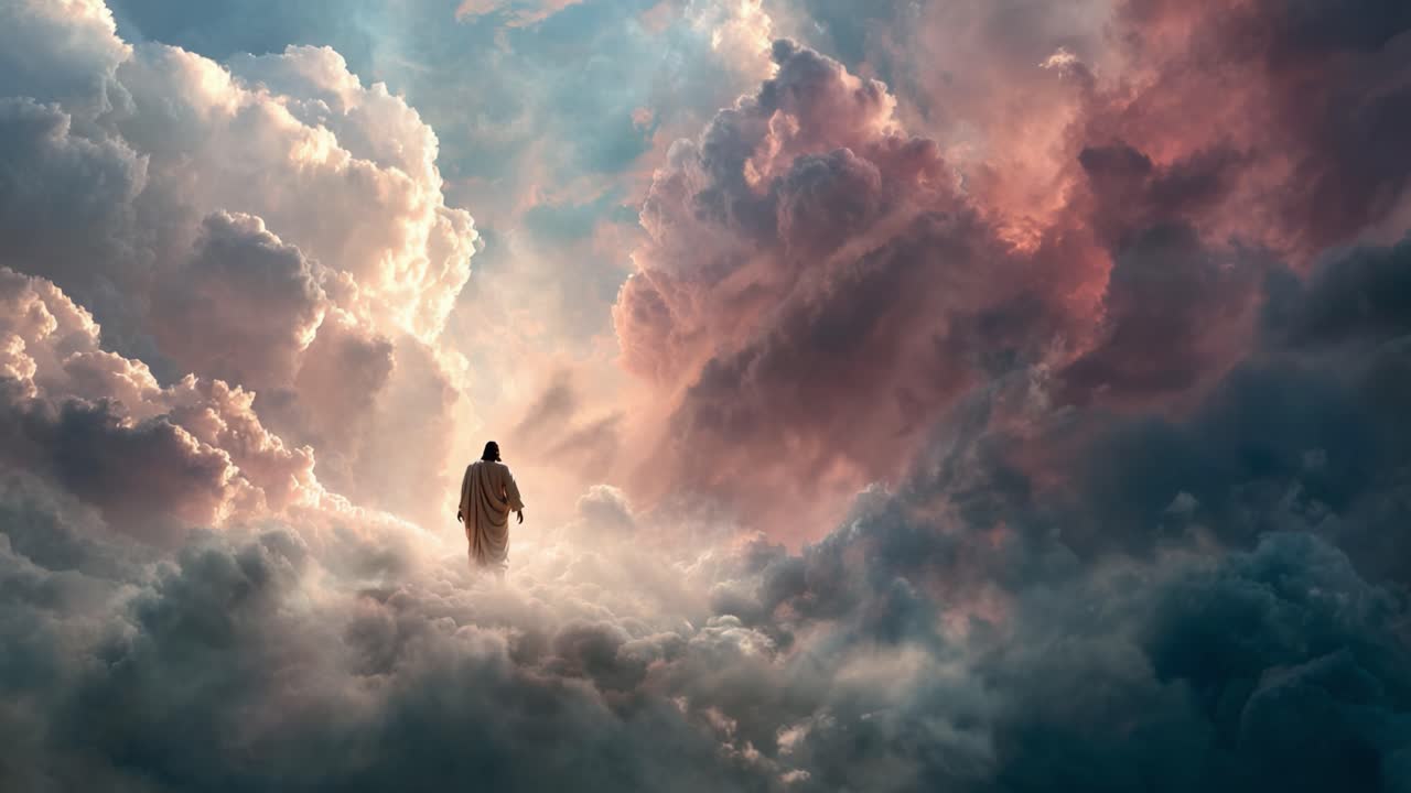 Una figura maestosa si prepara ad ascendere attraverso nubi radiose, illuminata da una luce soffusa in un paesaggio celeste surreale, catturando l'essenza della tranquillità e della meraviglia