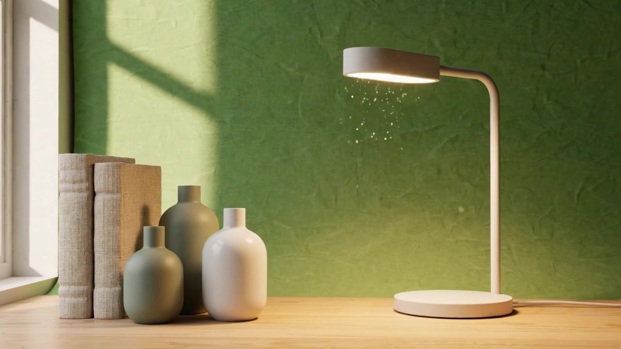 Une composition de table moderne avec une lampe élégante, des vases décoratifs et des livres raffinés sur un fond vert texturé baigné de lumière naturelle