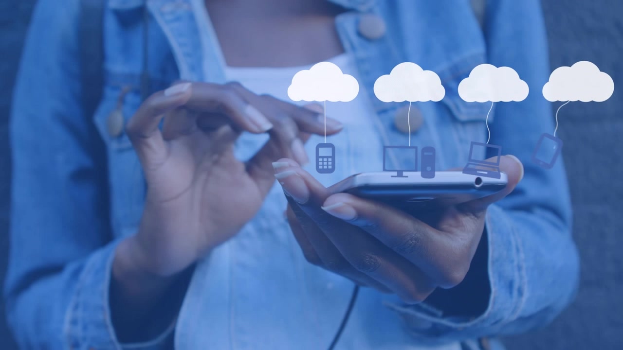 Animation of icons hanging on clouds over african american woman using smartphone